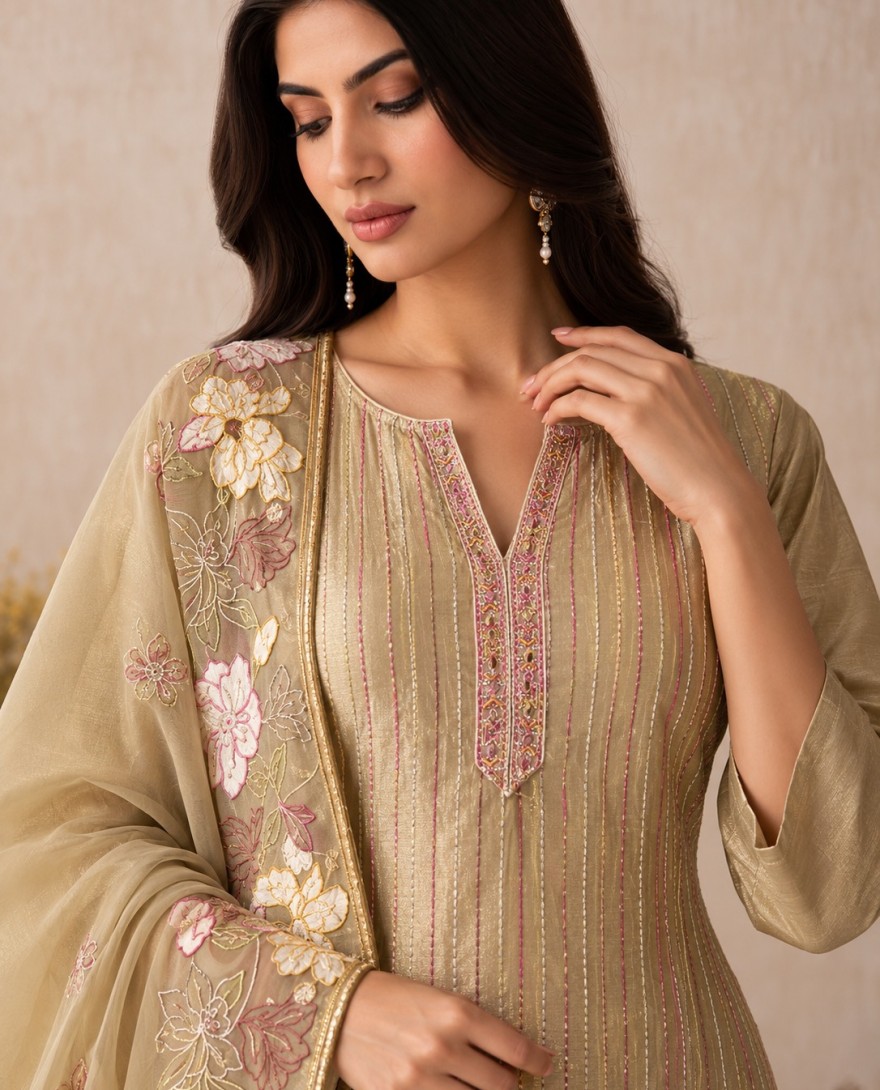 7117 - Beige Embroidered Work Shimmer Salwar Suit